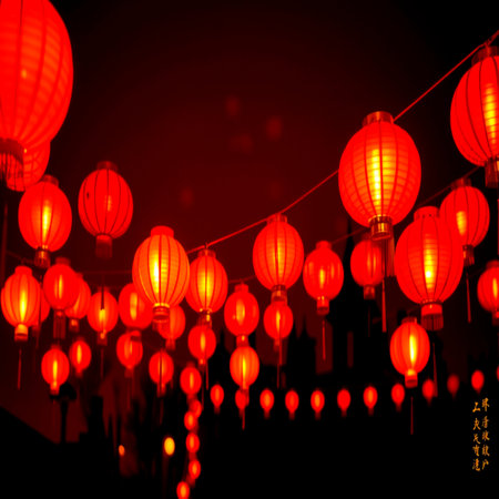 Chinese New Year lanterns festival, Red lanterns on dark background.