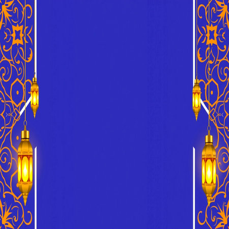 Lanterns on blue background. Ramadan Kareem greeting card.