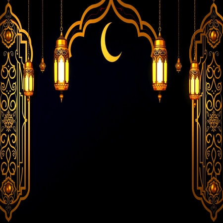 Ramadan Kareem background with arabic lanterns and crescent moon