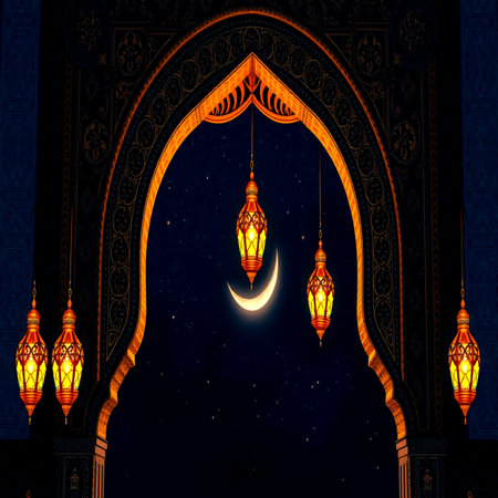 Ramadan Kareem background with moon and arabic lanterns