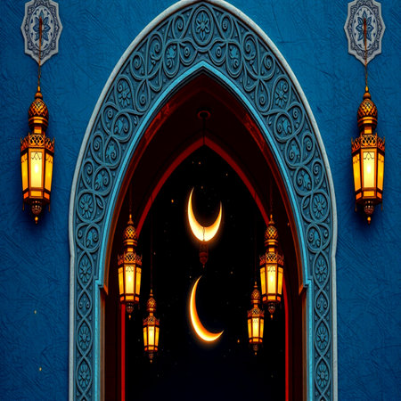 Ramadan Kareem background with arabic lanterns and crescent moon