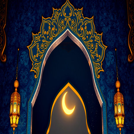 Ramadan Kareem greeting card with arabic lanterns and crescent moonの写真素材