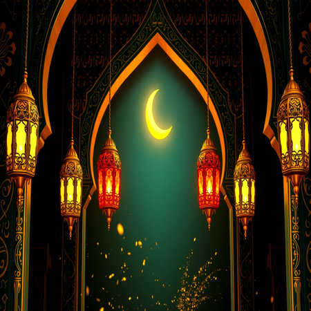 Ramadan Kareem greeting card. Arabic lanterns in the mosque.