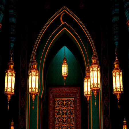 Lanterns in the interior of the mosque at night.