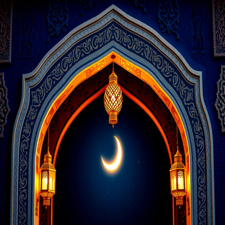 Ramadan Kareem greeting card with crescent moon and mosque door