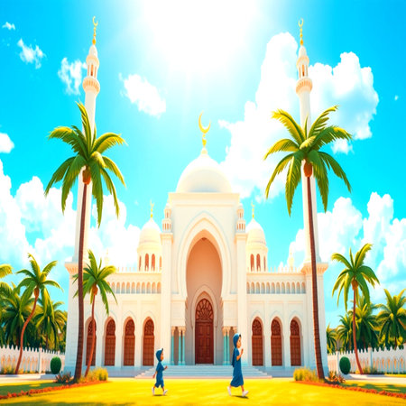 3D rendering of beautiful mosque with blue sky and clouds background.