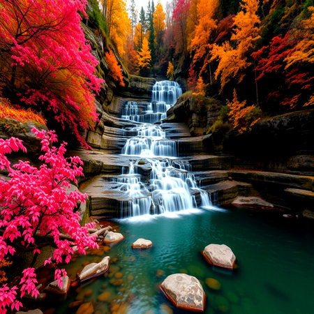 Beautiful waterfall in autumn forest. Waterfall in autumn forest.の写真素材