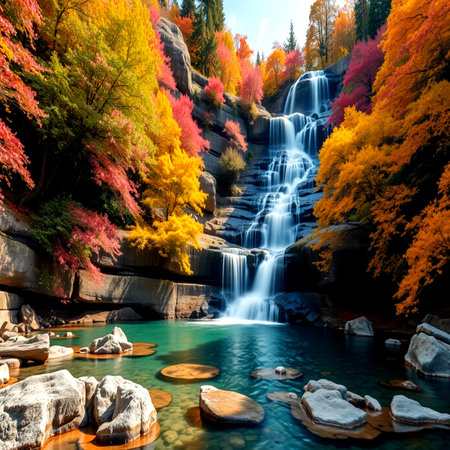 Waterfall in autumn forest. Beautiful nature scene with waterfall in autumn forest.の写真素材