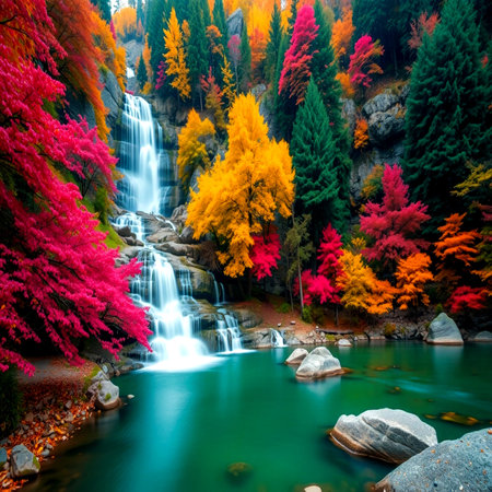 Colorful autumn forest with waterfall in Jiuzhaigou, China.の写真素材