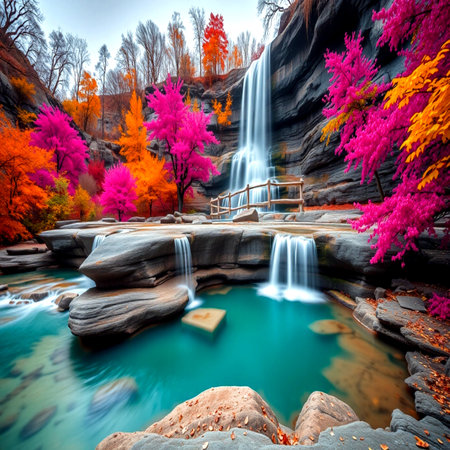 Beautiful waterfall in the autumn forest. Colorful autumn landscape.の写真素材