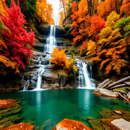 Beautiful waterfall in autumn forest with colorful leaves in fall season.の写真素材