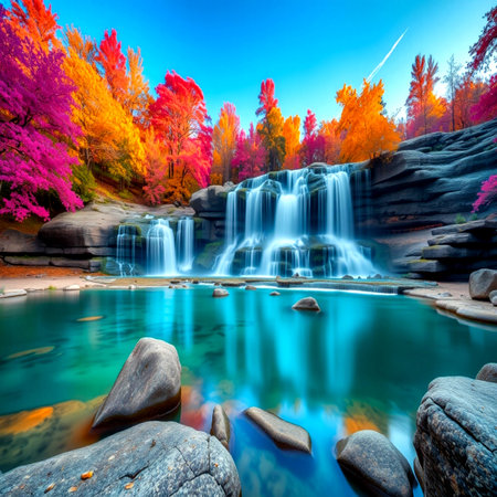 Beautiful waterfall in the autumn forest. Colorful autumn landscape.の写真素材