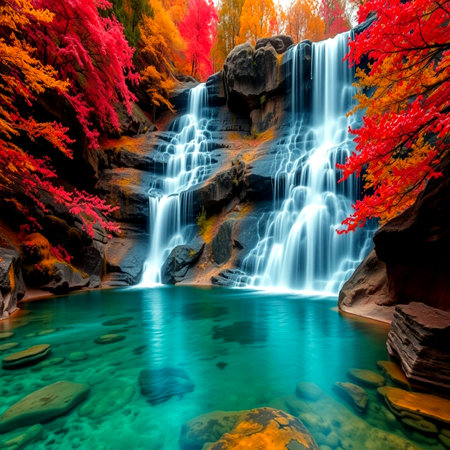 Beautiful waterfall in autumn forest. Colorful autumn forest with waterfallsの写真素材