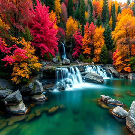 Autumn forest with colorful trees and waterfall in Jiuzhaigou, China.の写真素材