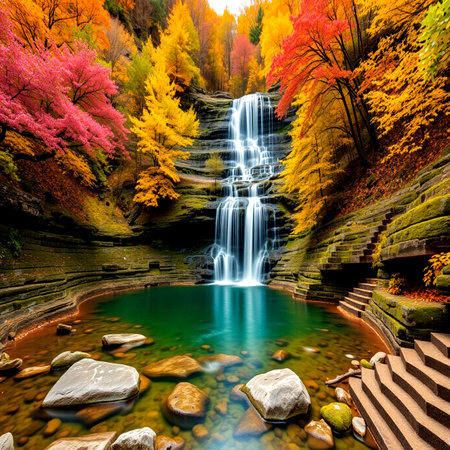 Autumn waterfall in the forest. Colorful autumn forest with waterfall.の写真素材
