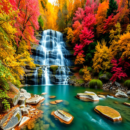 Beautiful waterfall in autumn forest. Colorful forest with waterfall in autumn.の写真素材