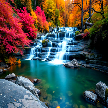 Beautiful waterfall in autumn forest with colorful trees and blue sky.の写真素材
