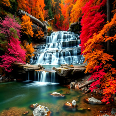 Waterfall in autumn forest. Colorful autumn landscape with beautiful waterfall.の写真素材