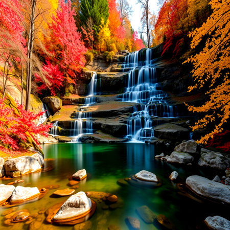 Beautiful waterfall in autumn forest with colorful leaves in the park.の写真素材