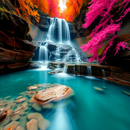 Waterfall in autumn forest at Erawan National Park, Thailandの写真素材