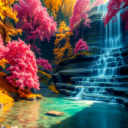Waterfall in the autumn forest. Colorful autumn forest with a waterfall.の写真素材