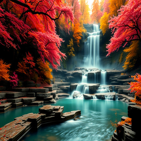 Autumn landscape with waterfall and colorful forest, 3d render.の写真素材