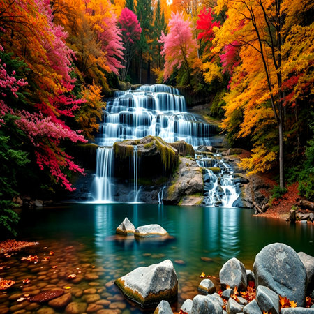 Autumn waterfall in the forest. Colorful autumn forest with waterfall.の写真素材