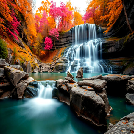 Beautiful waterfall in autumn forest with colorful leaves in deep forest.の写真素材