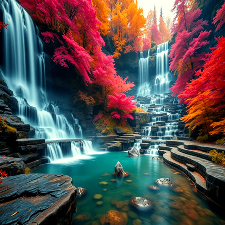 Beautiful waterfall in the autumn forest. Colorful autumn landscape with waterfall.の写真素材