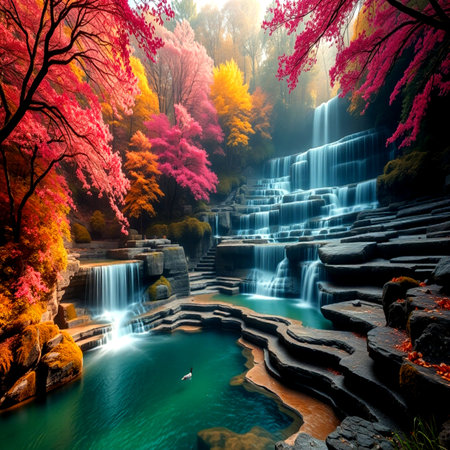 Autumn waterfall in deep forest. Colorful autumn forest landscape.の写真素材