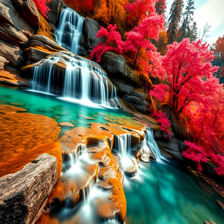 Beautiful waterfall in the autumn forest. Colorful autumn landscape.の写真素材