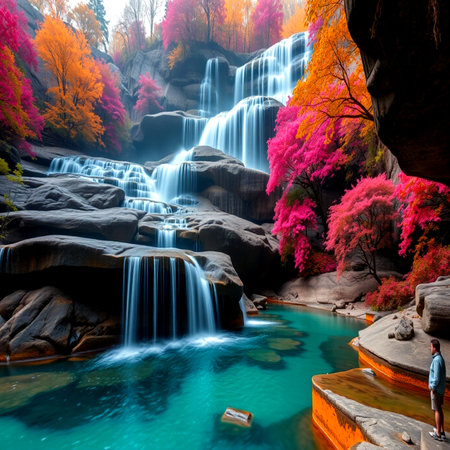 Beautiful waterfall in autumn forest with blue water and red leaves.の写真素材
