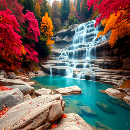 Autumn landscape with waterfall and colorful forest.の写真素材
