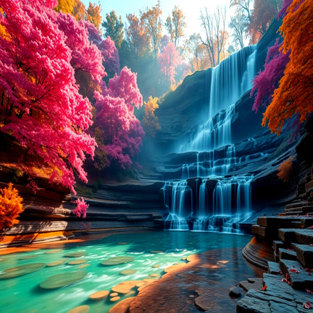 Beautiful waterfall in autumn forest. Colorful trees in fall season.の写真素材