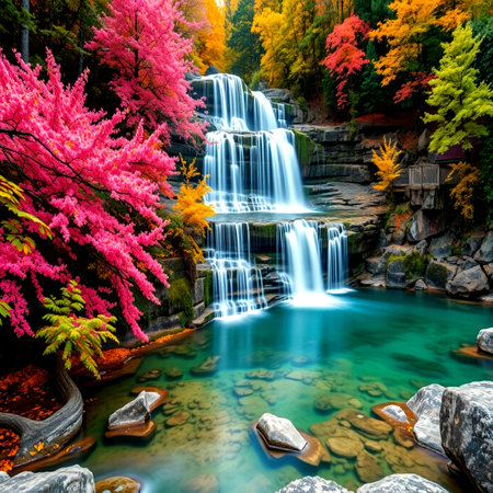 Beautiful waterfall in autumn forest with colorful trees and blue sky.の写真素材