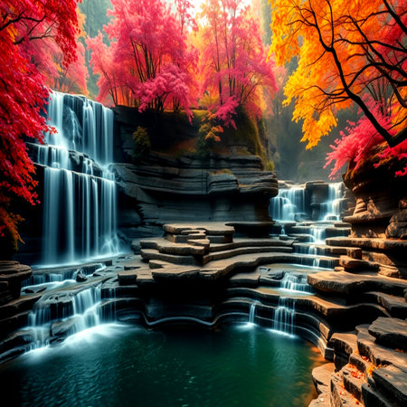 Waterfall in autumn forest with colorful leaves, nature landscape background.の写真素材