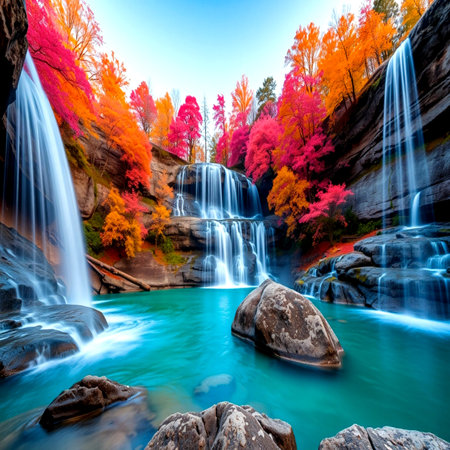 Waterfall in the autumn forest. Colorful autumn forest with waterfall.の写真素材