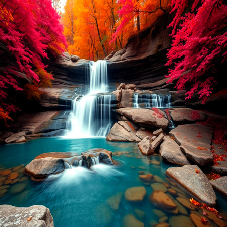 Autumn waterfall in the forest. Colorful autumn landscape with waterfall.の写真素材