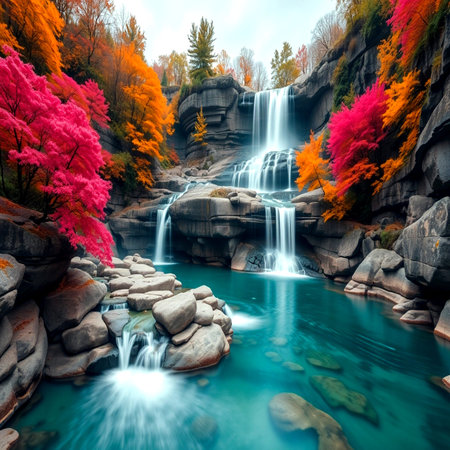 Beautiful waterfall in autumn forest. Colorful trees in autumn forest.の写真素材