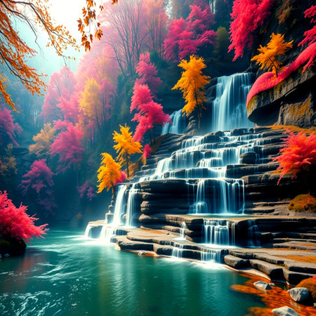 Autumn waterfall in the forest,colorful leaves on the rocksの写真素材