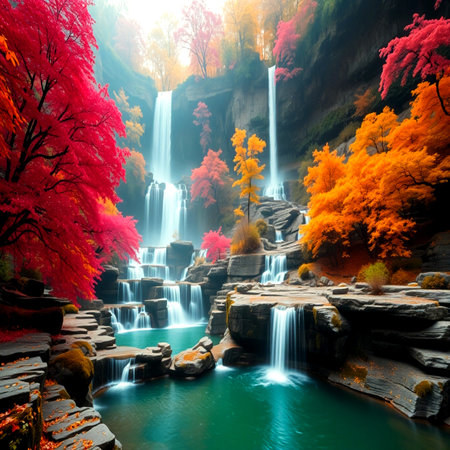 Autumn waterfall in the forest. Colorful autumn landscape with waterfall.の写真素材
