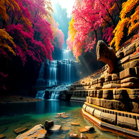 Autumn forest and waterfall. Colorful autumn forest and waterfall.の写真素材