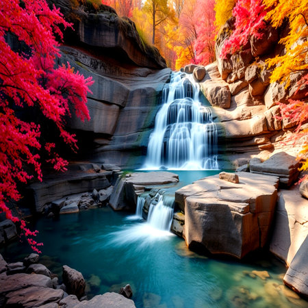 Autumn leaves and waterfallの写真素材