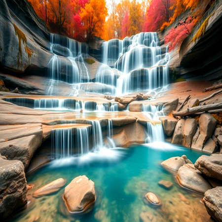 Beautiful waterfall in autumn forest. Beautiful nature scene. Long exposure.の写真素材