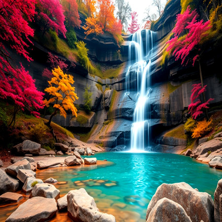 Beautiful waterfall in the autumn forest. Colorful autumn landscape with waterfall.の写真素材