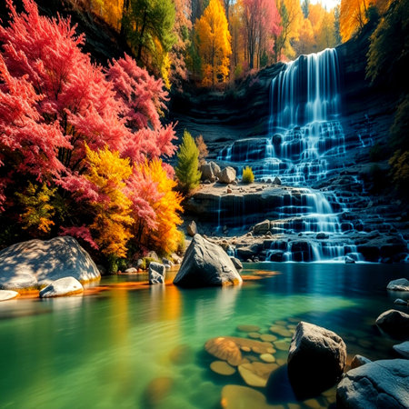 Autumn forest and waterfall. Colorful autumn forest and waterfall.の写真素材