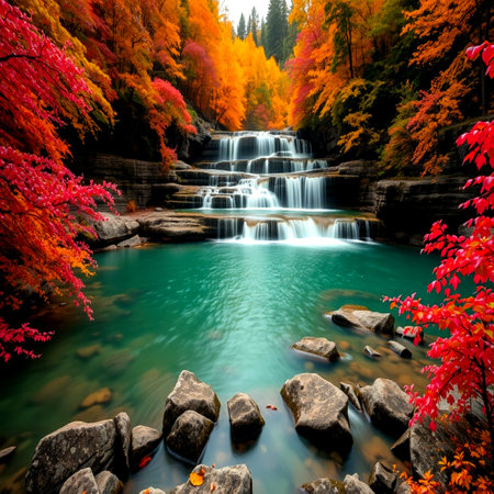 Autumn landscape with beautiful waterfall and colorful forest in fall season.の写真素材
