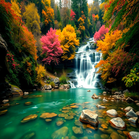 Beautiful waterfall in autumn forest. Colorful autumn forest with falling water.の写真素材