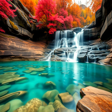 Autumn forest and waterfallの写真素材