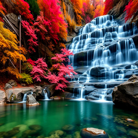 Beautiful waterfall in autumn forest with colorful leaves,Thailand.の写真素材